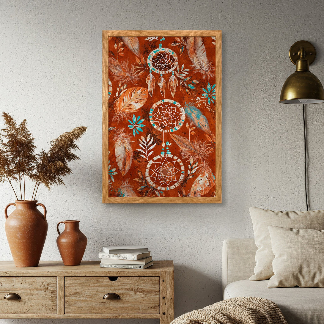 Framed Poster featuring dreamcatchers, feathers, and floral elements in a warm, earthy color palette. Perfect boho wall art!