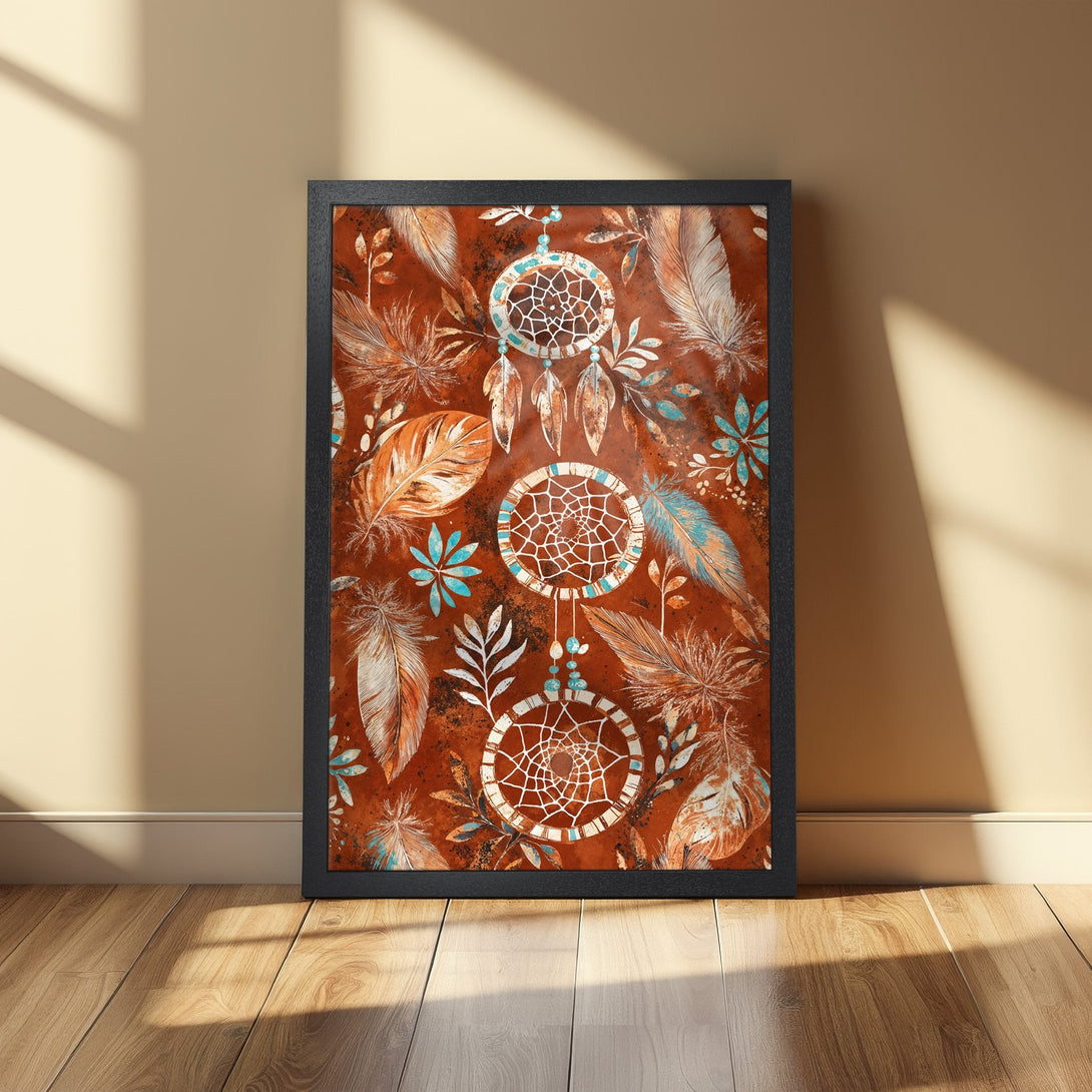 Framed Poster featuring dreamcatchers and feathers in a bohemian style. Earthy tones with teal accents. Perfect wall art!
