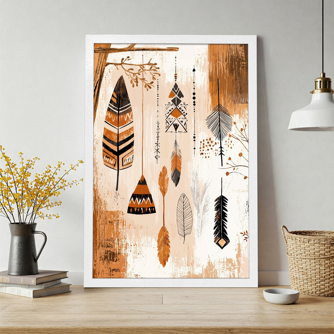 Framed Poster featuring abstract feathers in a boho style with a warm, earthy color palette. Perfect wall art for your home!