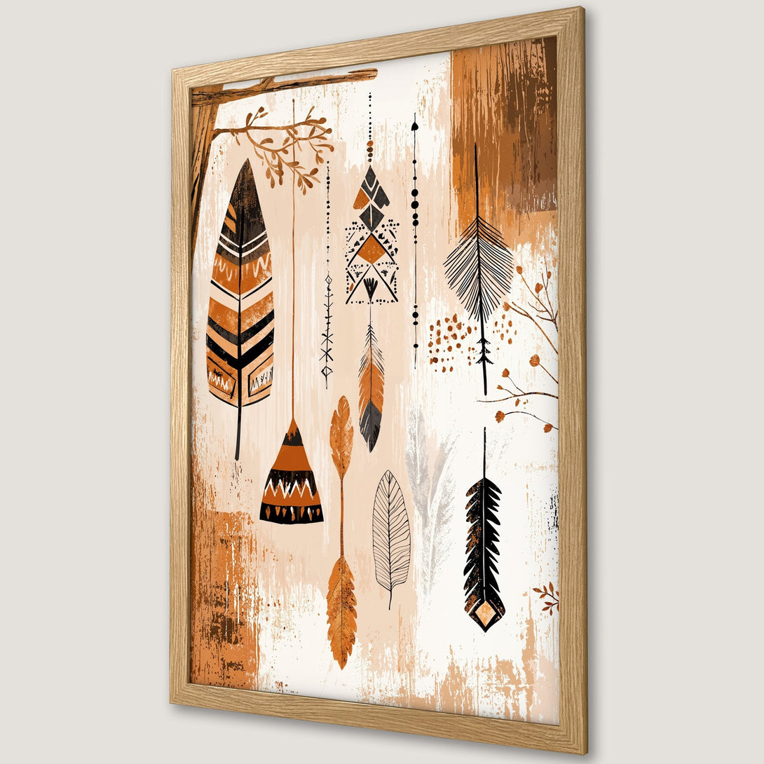 Framed Poster featuring boho-style feathers in a warm, earthy color palette of browns and oranges. Perfect wall art!
