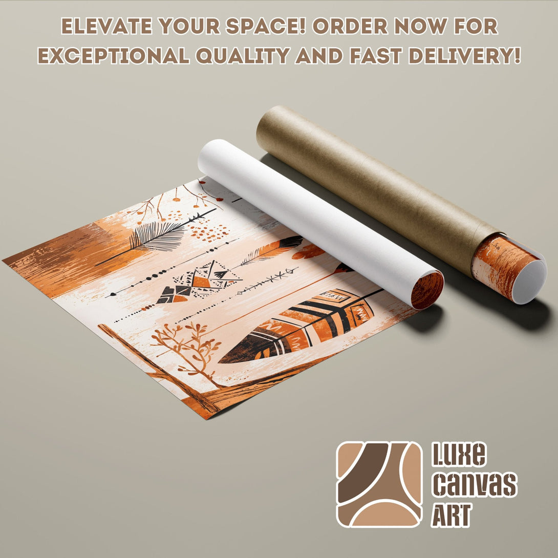 Boho style Poster Roll with feather design in warm earthy tones. Elevate your space with exceptional quality art!