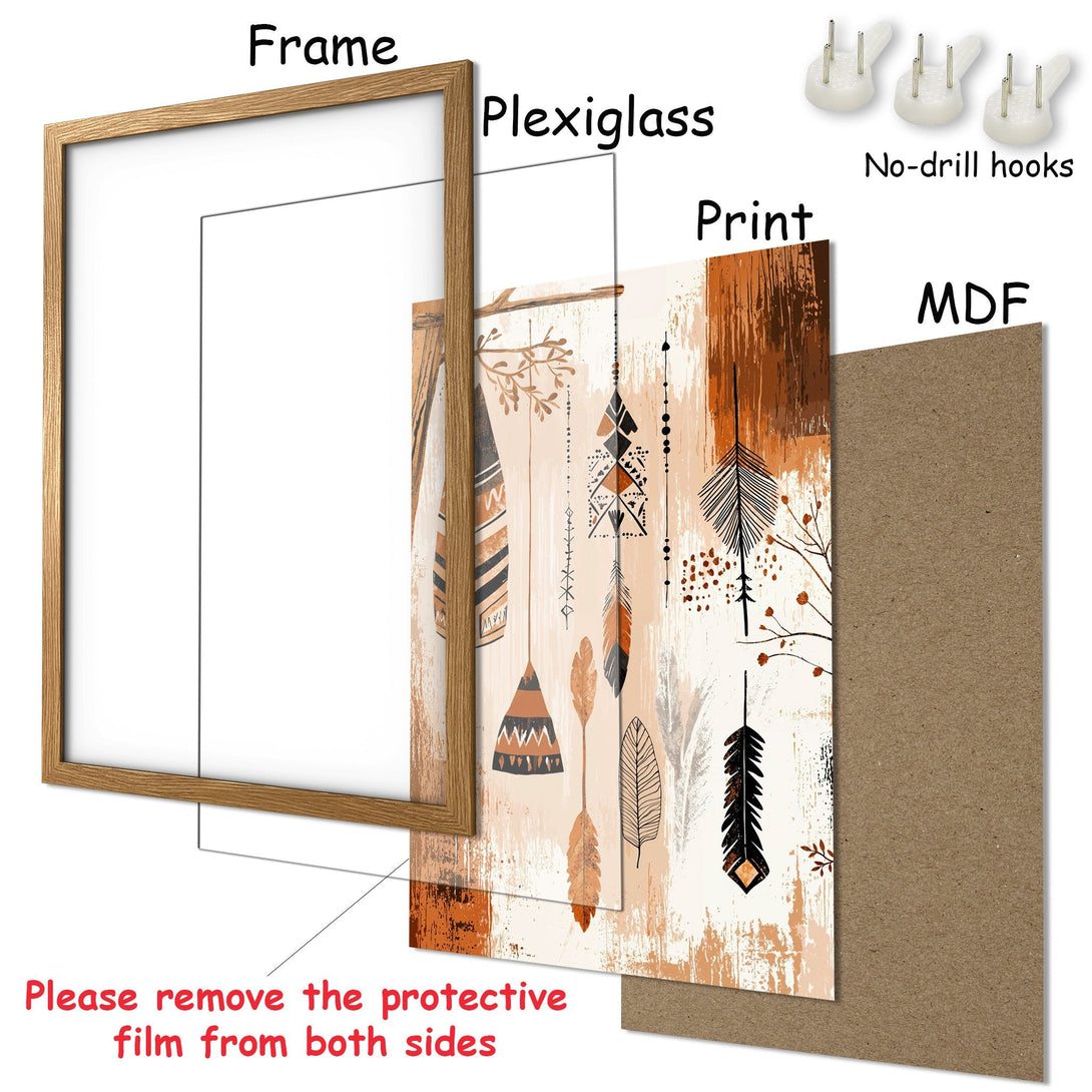 Framed Poster featuring boho-style feathers in a warm, earthy color palette. Add a touch of bohemian charm to your space!