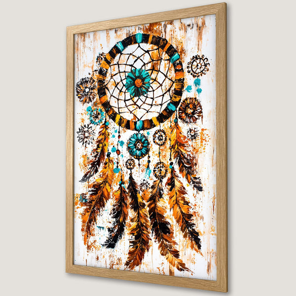 Framed Poster featuring a dreamcatcher in an abstract style with orange, turquoise, and brown colors, perfect wall art decor.