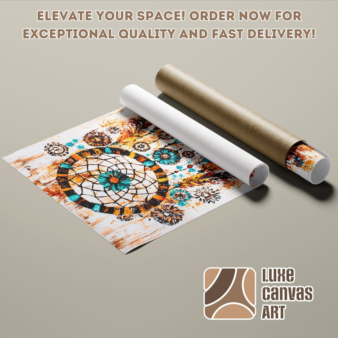 Dreamcatcher Poster Roll, artistic style with teal, orange & brown color palette. Elevate your space with Luxe Canvas Art!