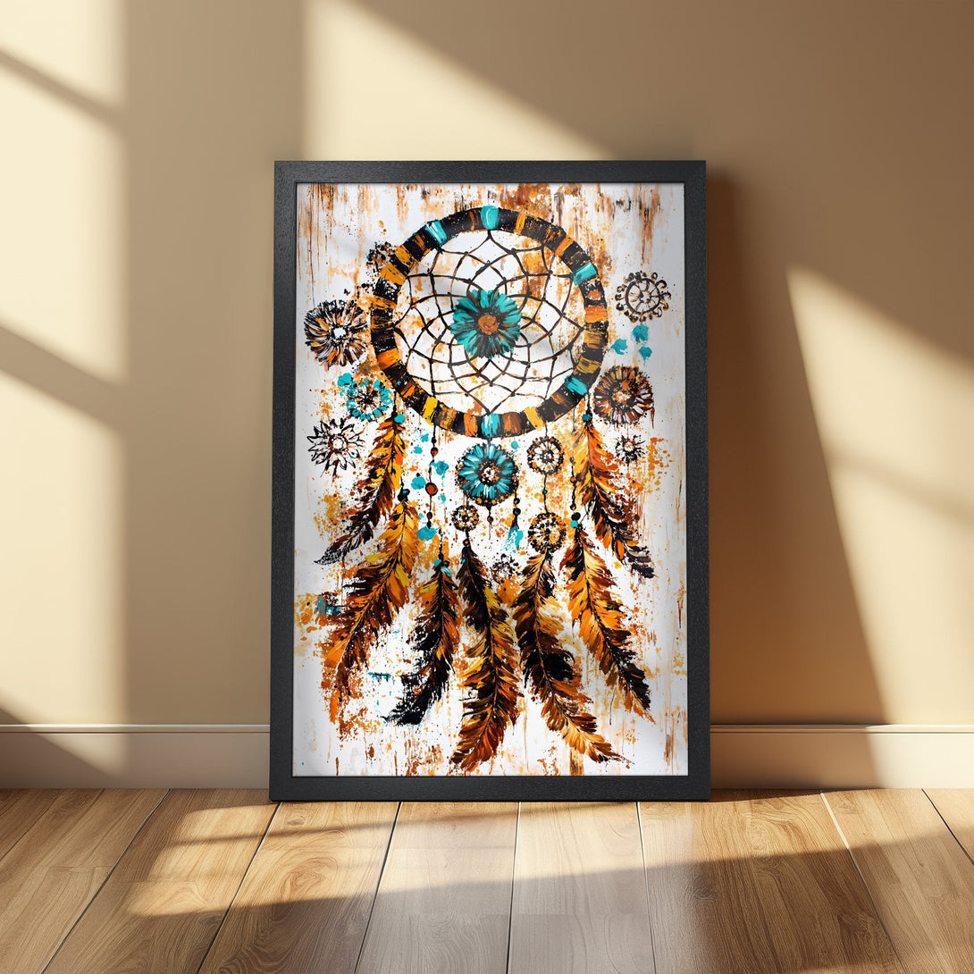 Framed Poster featuring a dreamcatcher in watercolor style. Earthy tones with pops of turquoise. Perfect wall art for bohemian decor.