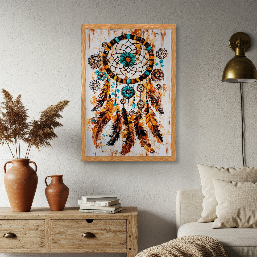 Framed Poster featuring a dreamcatcher design in a bohemian style with turquoise, orange, and brown tones. Perfect for adding art to your home.