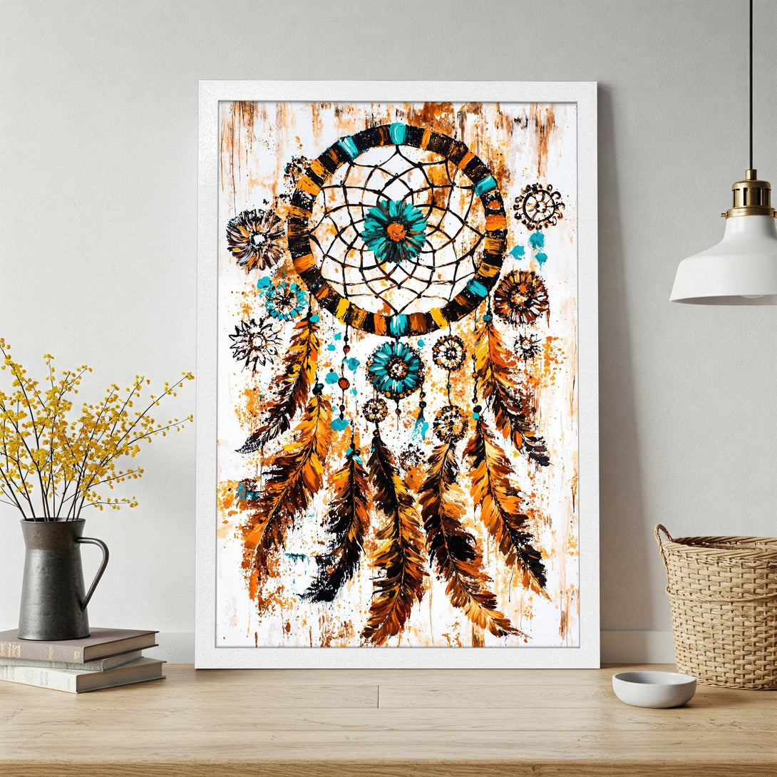 Framed Poster of a dreamcatcher in watercolor style. Features a warm color palette with orange, brown, and teal accents. Perfect wall art!