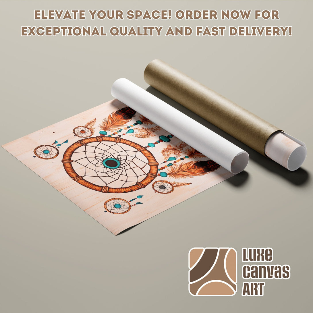 Poster Roll featuring a dreamcatcher design in warm earth tones and turquoise accents. Perfect wall art!
