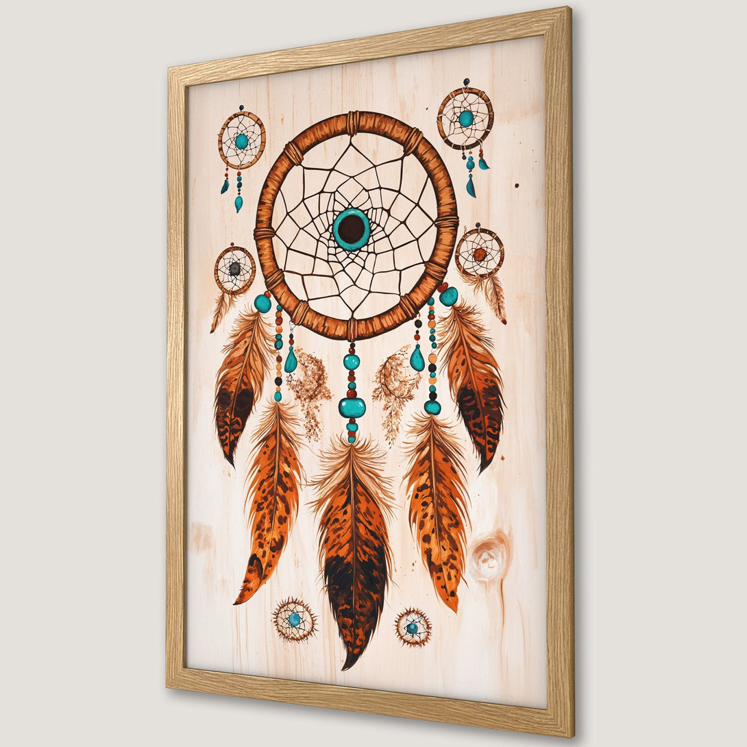 Framed Poster featuring a dreamcatcher design in warm brown, orange, and turquoise hues, perfect for bohemian decor.