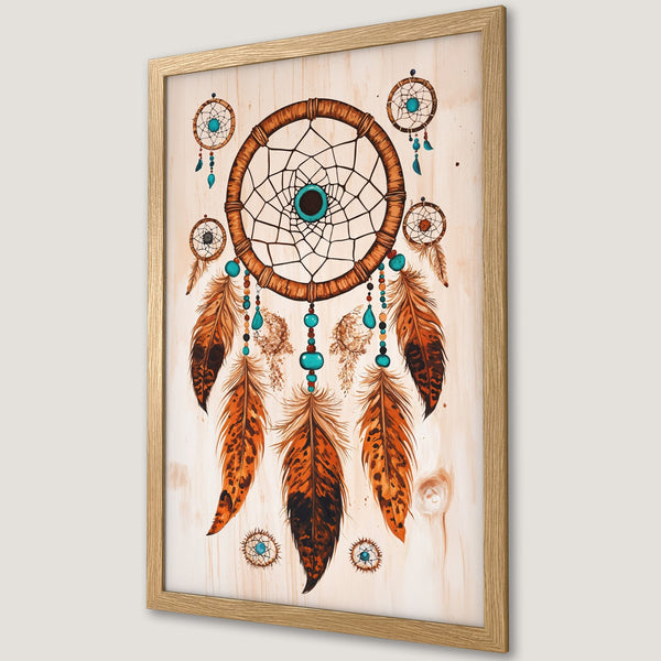 Framed Poster featuring a dreamcatcher design in warm brown, orange, and turquoise hues, perfect for bohemian decor.