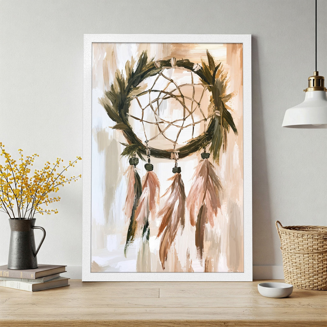 Framed Poster featuring a dreamcatcher painting in a neutral color palette. Modern art style perfect for home decor.