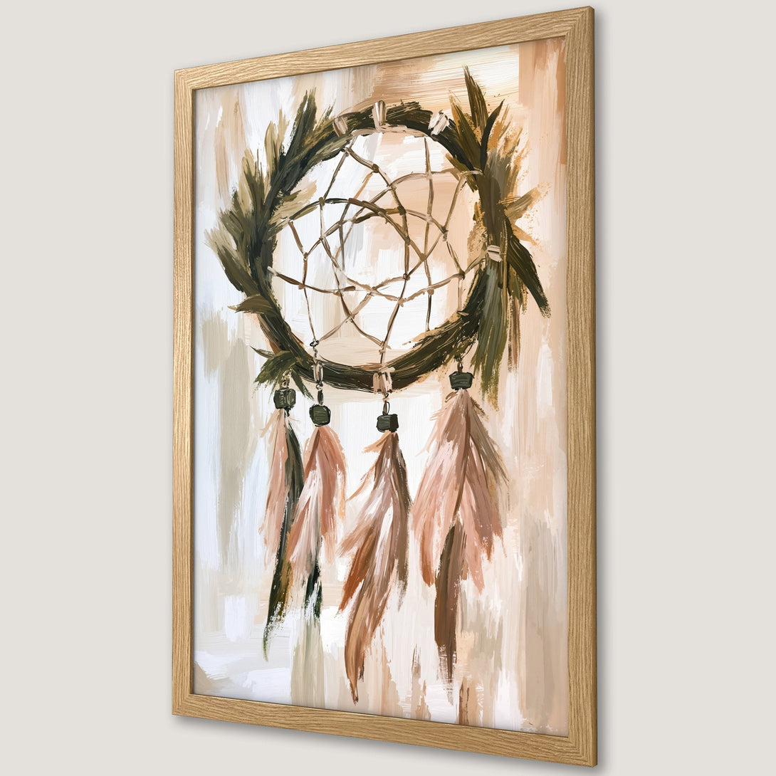 Framed Poster featuring a dreamcatcher in an abstract style with a neutral color palette. Perfect boho wall art!