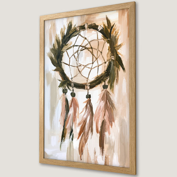 Framed Poster featuring a dreamcatcher in an abstract style with a neutral color palette. Perfect boho wall art!