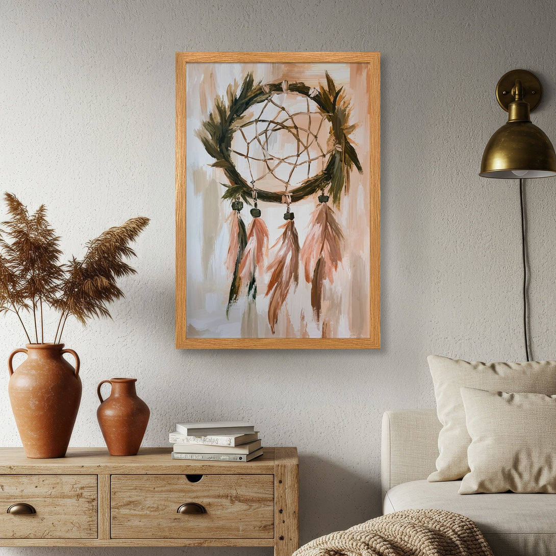 Framed Poster featuring a dreamcatcher in a bohemian style with earthy tones and a neutral color palette. Perfect wall art!