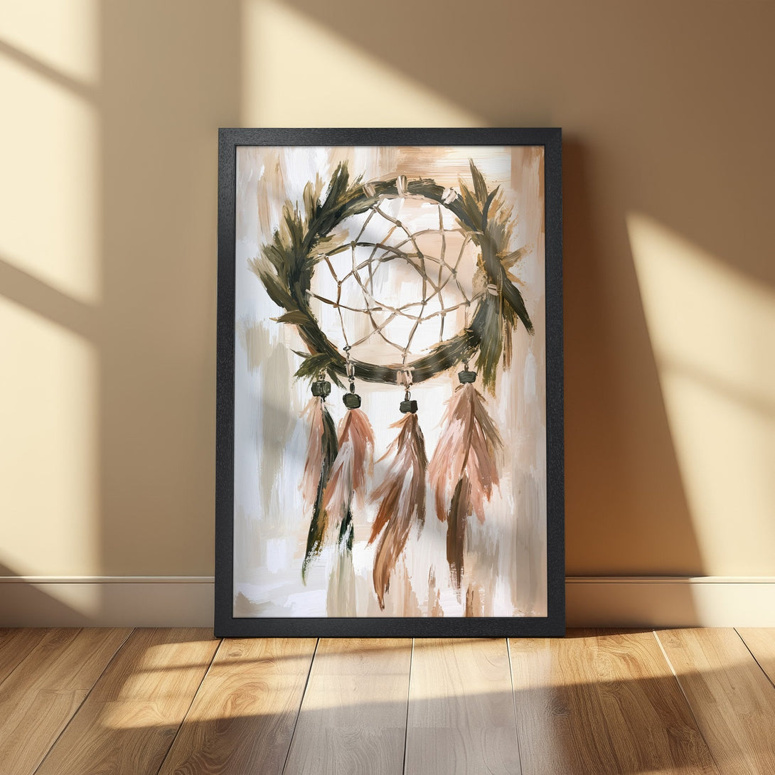 Framed Poster featuring a dreamcatcher painting in neutral tones. Bohemian style art print for home decor.