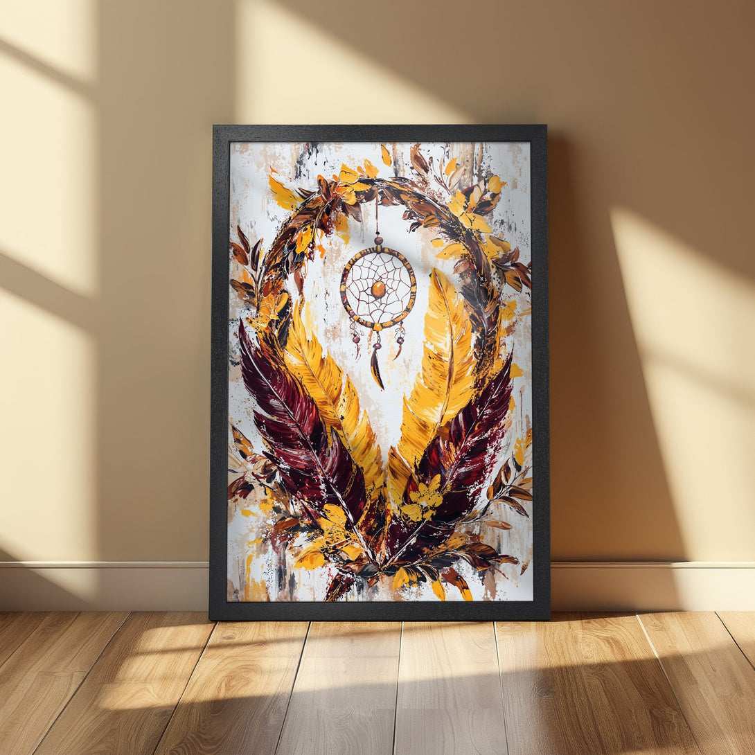 Framed Poster featuring a dreamcatcher and feathers in warm tones. Perfect wall art to add bohemian style to your home.