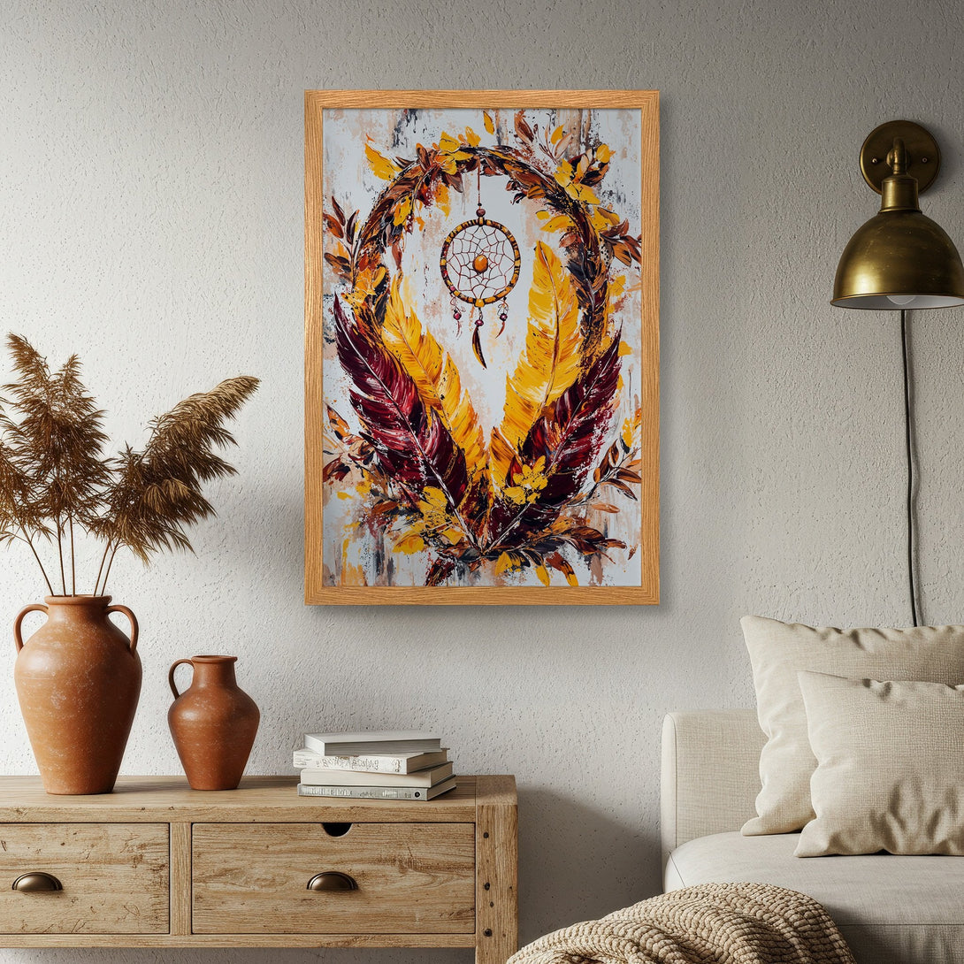 Framed Poster featuring a dreamcatcher design in warm yellow, orange, and red tones. Perfect wall art for boho home decor!