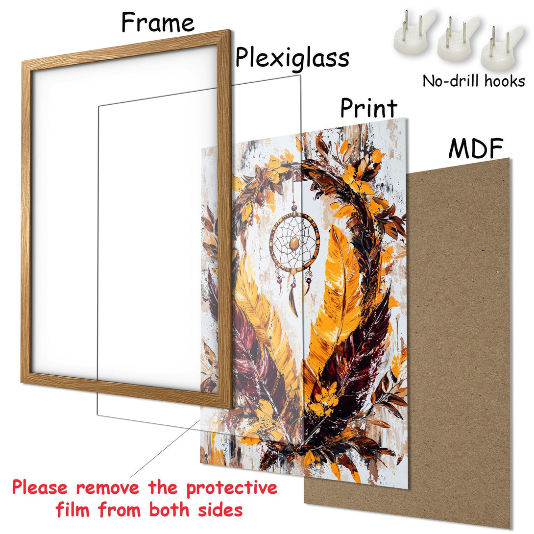 Framed Poster featuring a dreamcatcher design with a warm, earthy color palette. Perfect boho wall art for your home.
