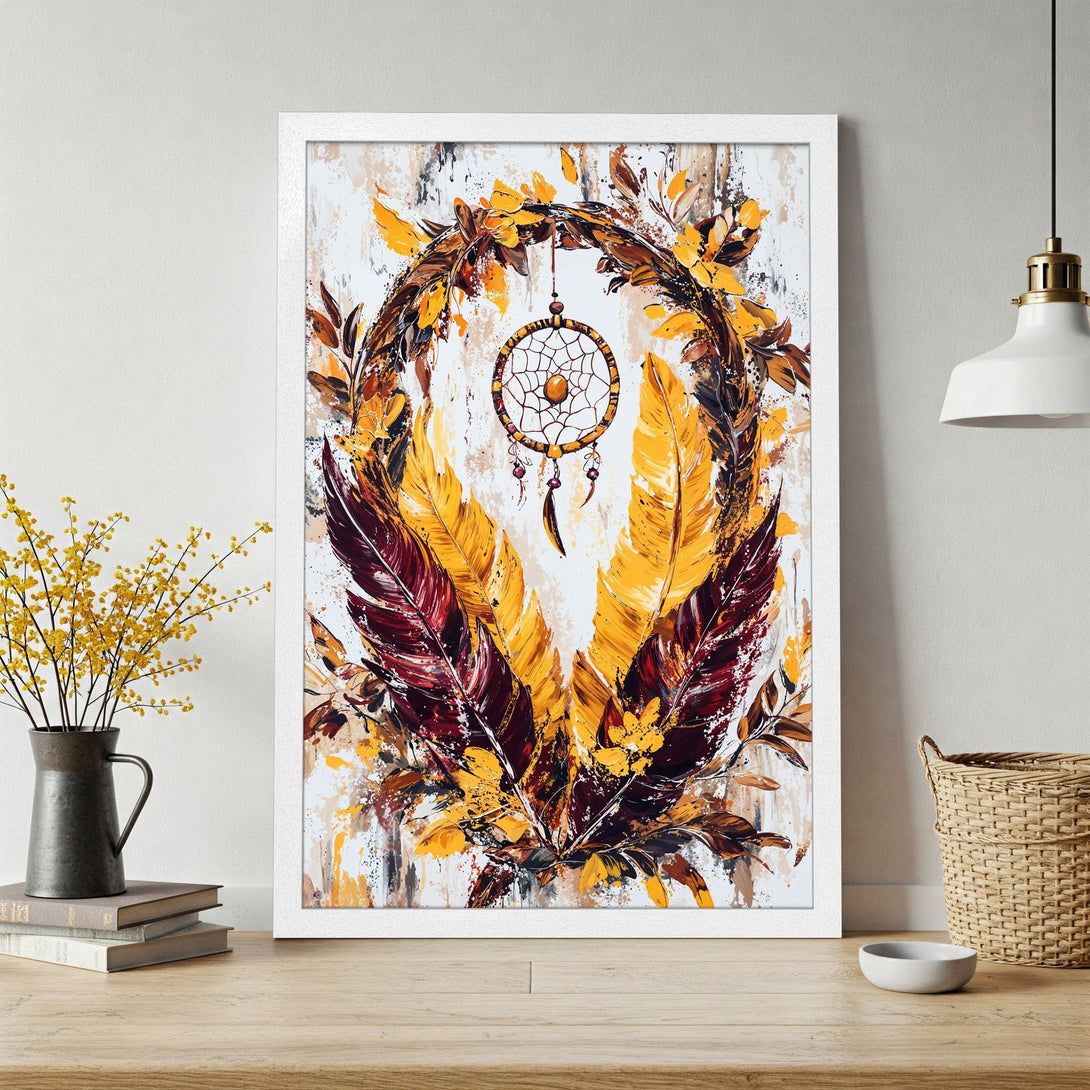 Framed Poster featuring a dreamcatcher and feathers. Abstract style with warm yellow, brown, and white color palette. Perfect wall art decor.