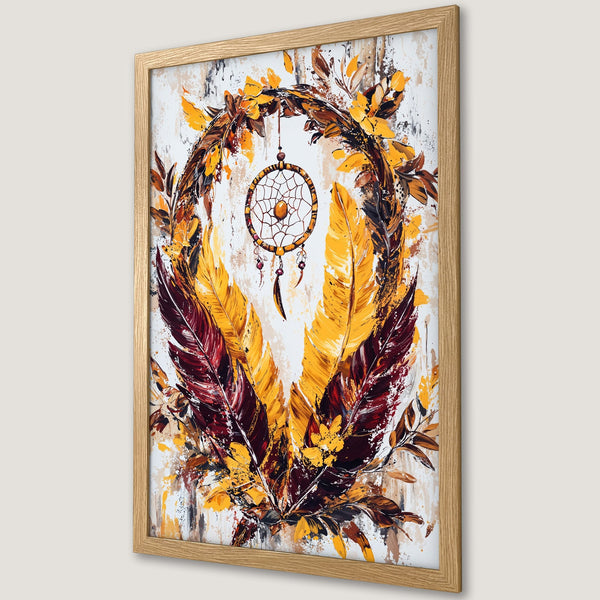 Framed Poster featuring a dreamcatcher and feathers in a warm, earthy palette. Perfect boho wall art.