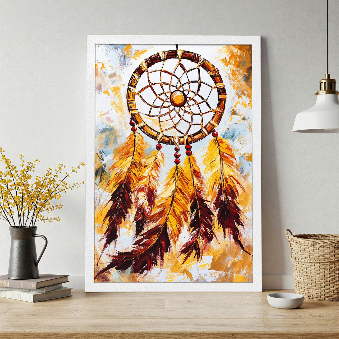 Framed Poster featuring a dreamcatcher in warm yellow and brown tones. Abstract art style perfect for boho decor.