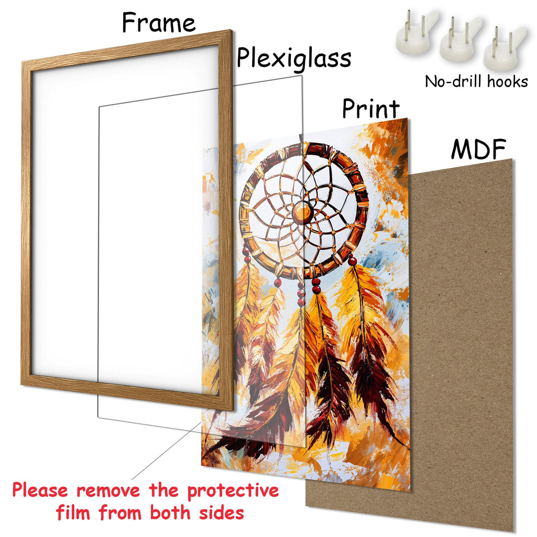 Framed Poster featuring a dreamcatcher art print. Warm color palette with orange, yellow, and brown tones. Perfect wall decor!
