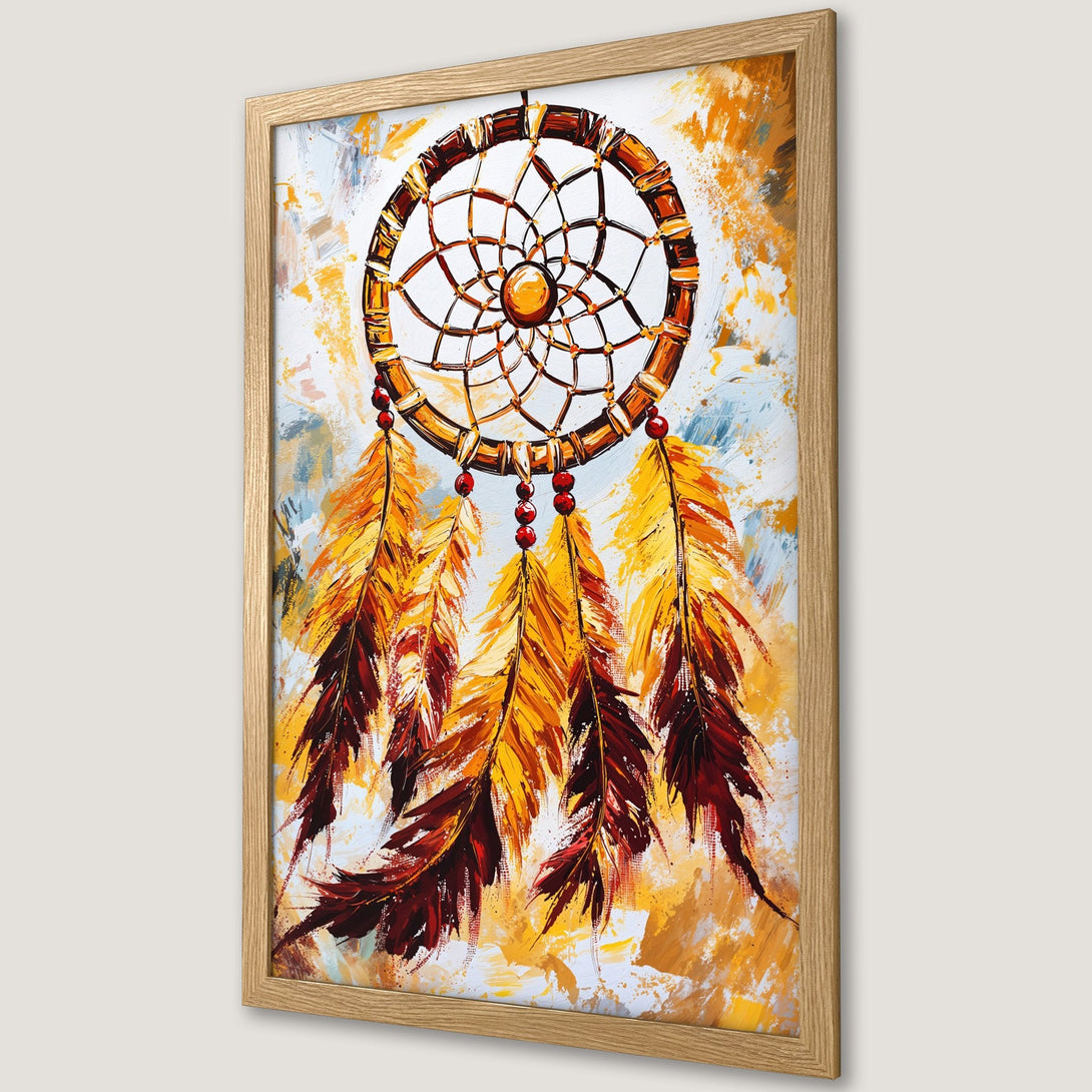 Framed Poster featuring a dreamcatcher painting. Abstract style with warm orange, yellow, and brown hues. Perfect wall art!