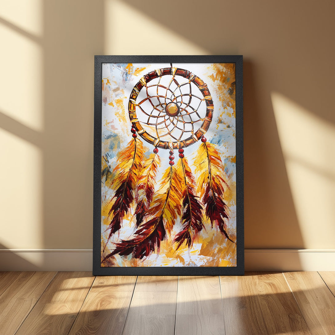 Framed Poster featuring a vibrant dreamcatcher painting in warm yellows, oranges, and browns. Perfect wall art for your home!