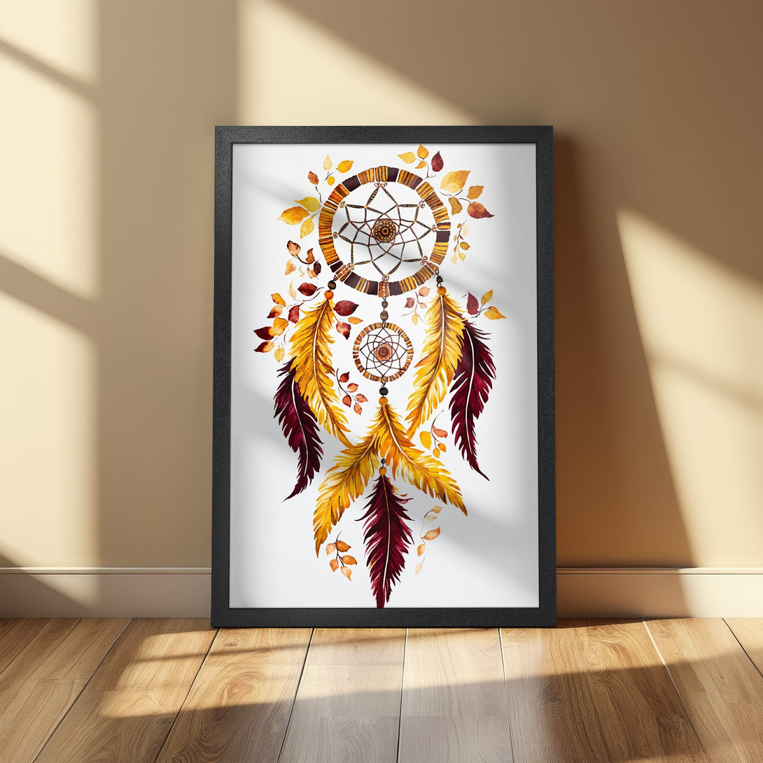 Framed Poster featuring a watercolor dreamcatcher in warm autumn colors. Perfect boho wall art for your home!