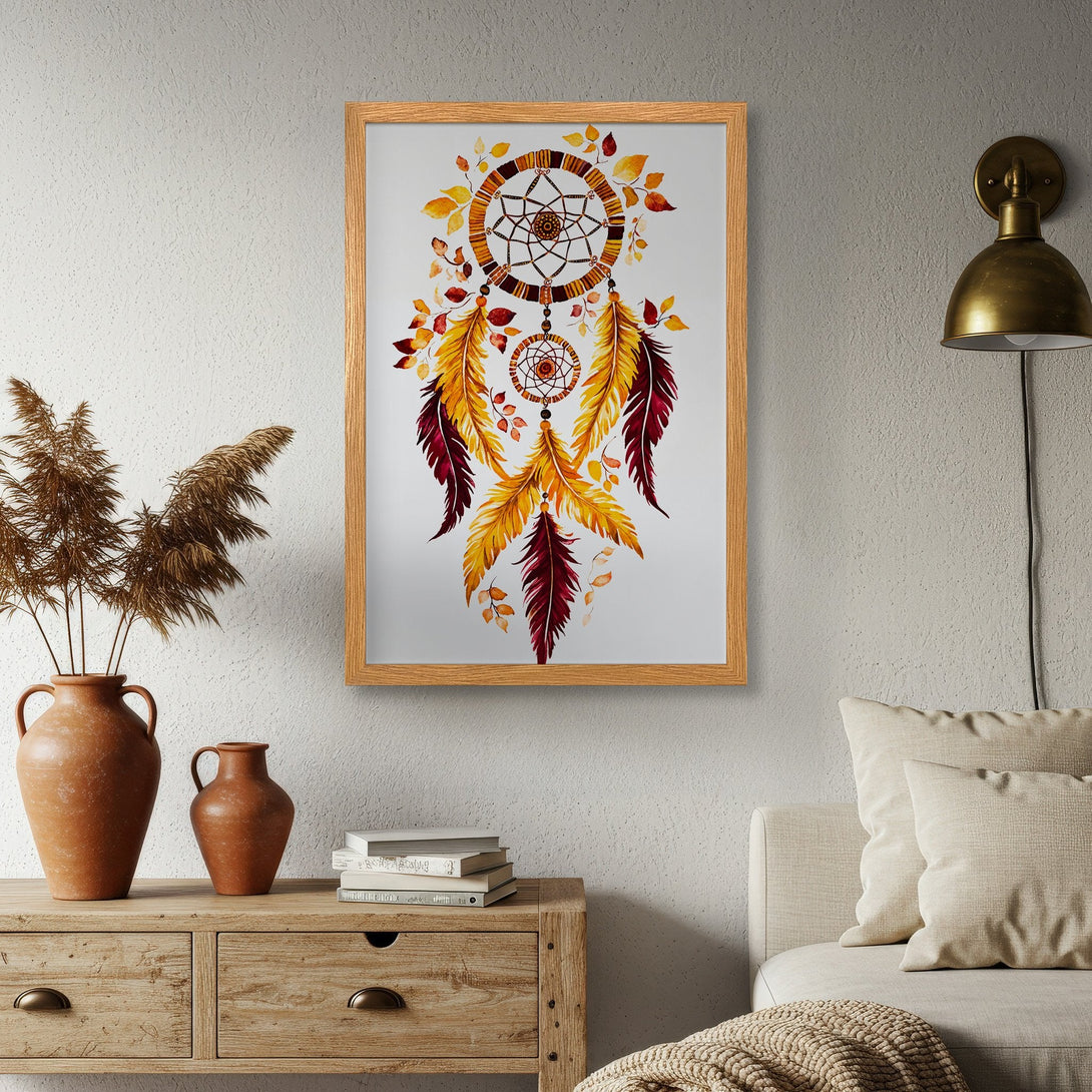 Framed Poster featuring a watercolor dreamcatcher with warm, earthy tones. Perfect wall art for a cozy, bohemian vibe.