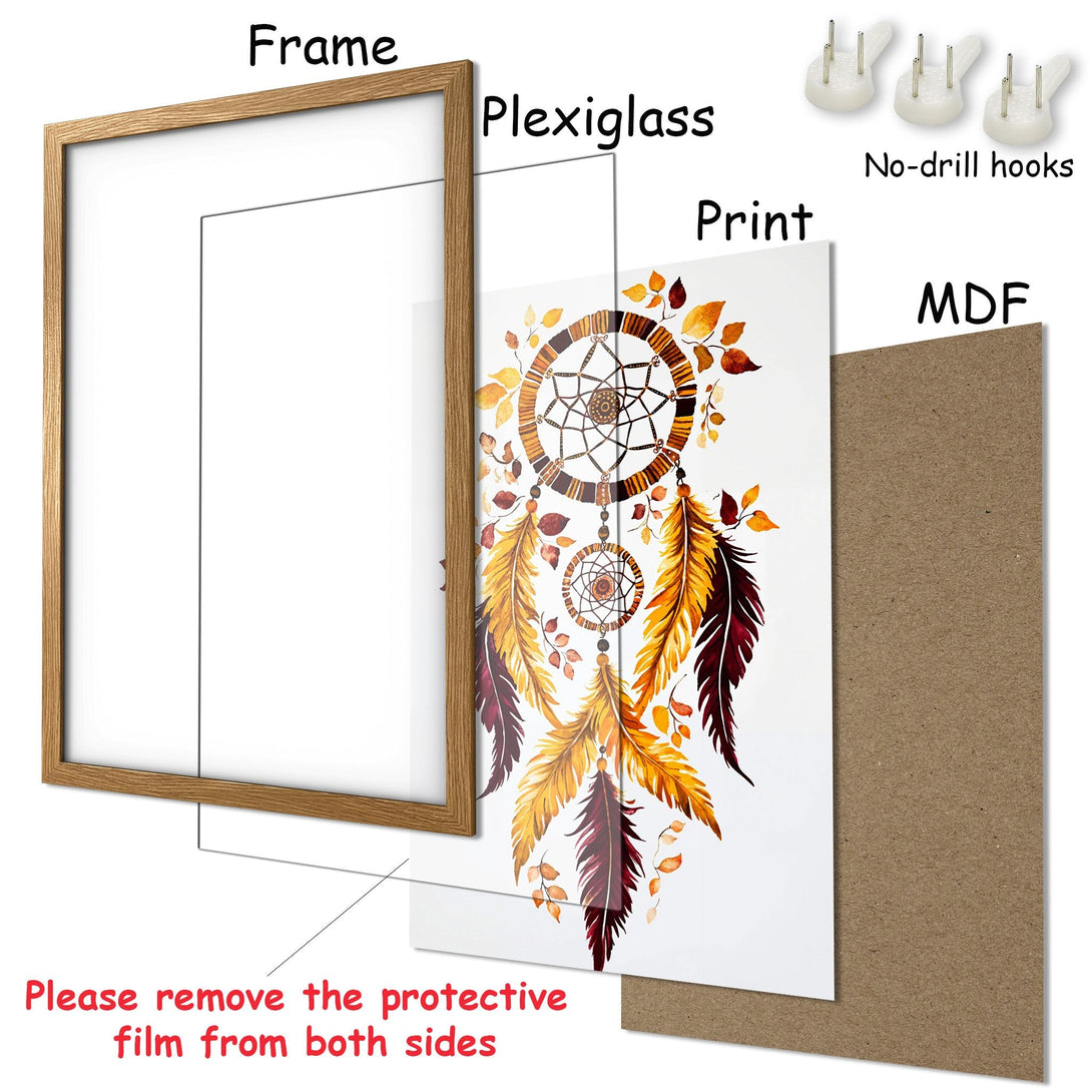 Framed Poster featuring a dreamcatcher design in warm autumn colors. Perfect wall art for a cozy home.