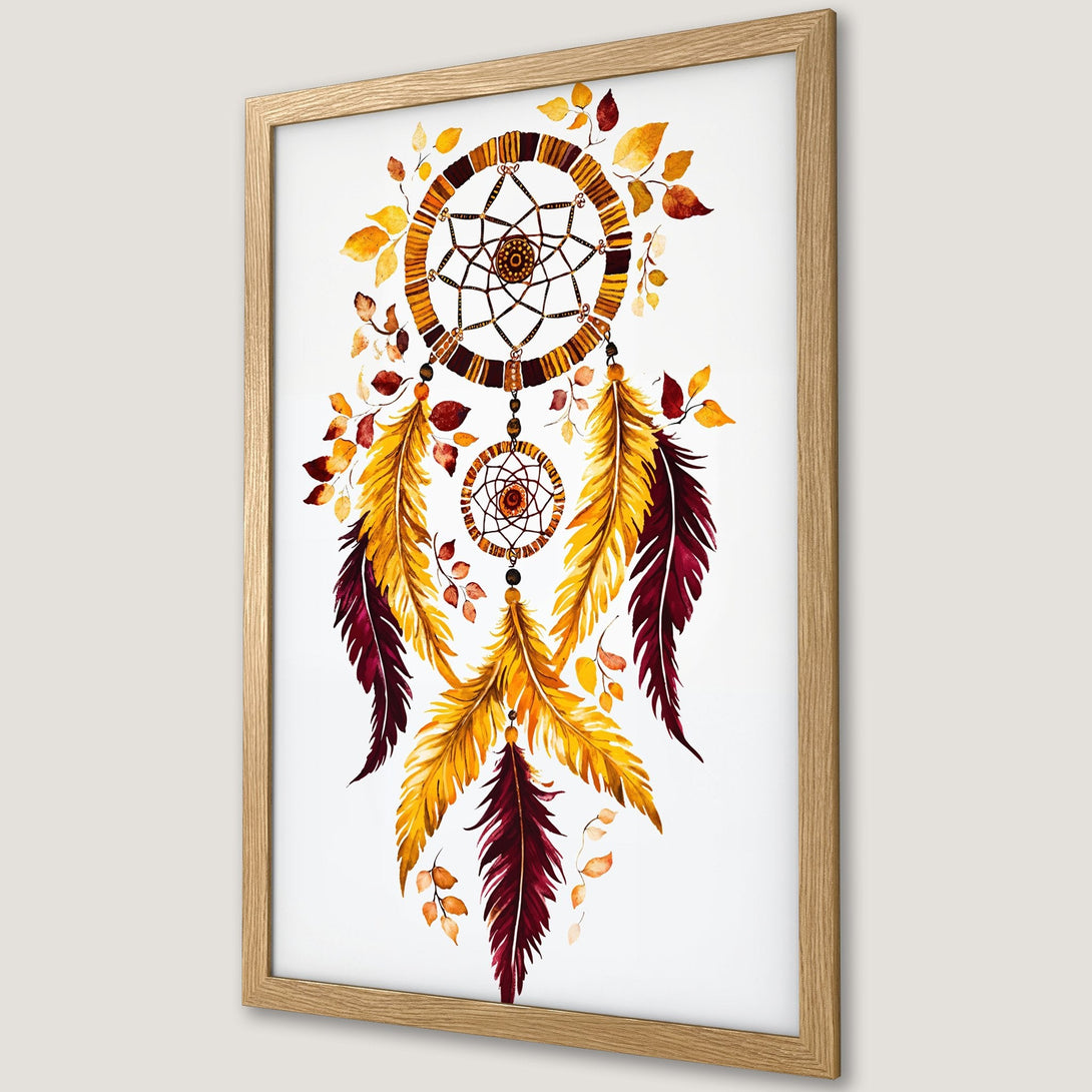 Framed Poster featuring a watercolor dreamcatcher with autumn leaves. Warm yellow, orange, and burgundy color palette. Perfect wall art decor.