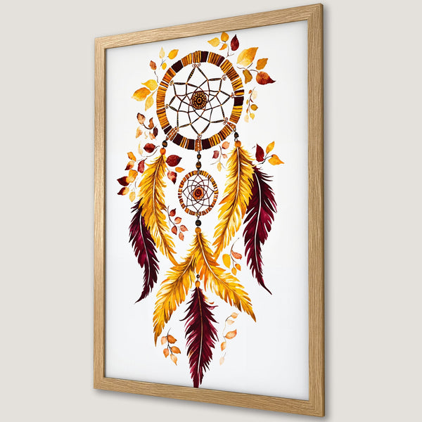 Framed Poster featuring a watercolor dreamcatcher with autumn leaves. Warm yellow, orange, and burgundy color palette. Perfect wall art decor.