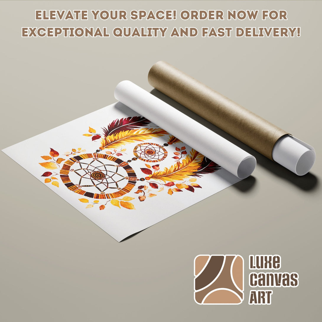 Poster Roll featuring a watercolor dreamcatcher design in warm earth tones. Elevate your space with this beautiful art!