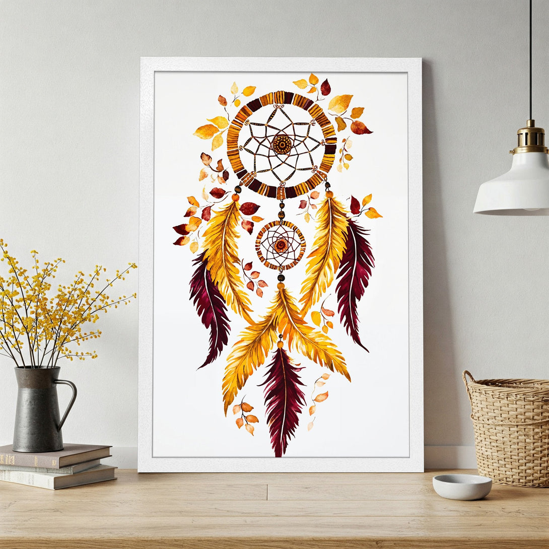 Framed Poster featuring a watercolor dreamcatcher in warm yellow and burgundy tones. Boho art style perfect for home decor.