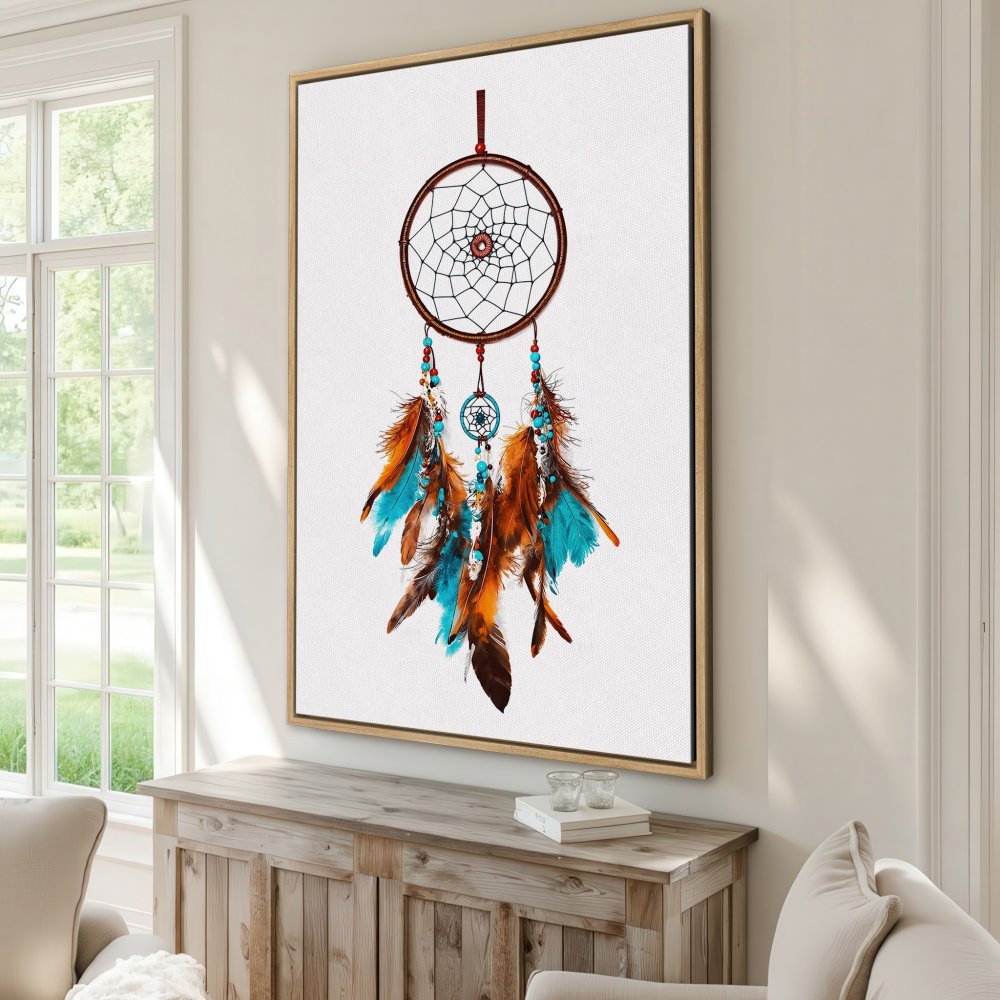 Framed Wall Art: Dreamcatcher print with vibrant teal & orange feathers. Boho style canvas art for a touch of Southwestern flair.