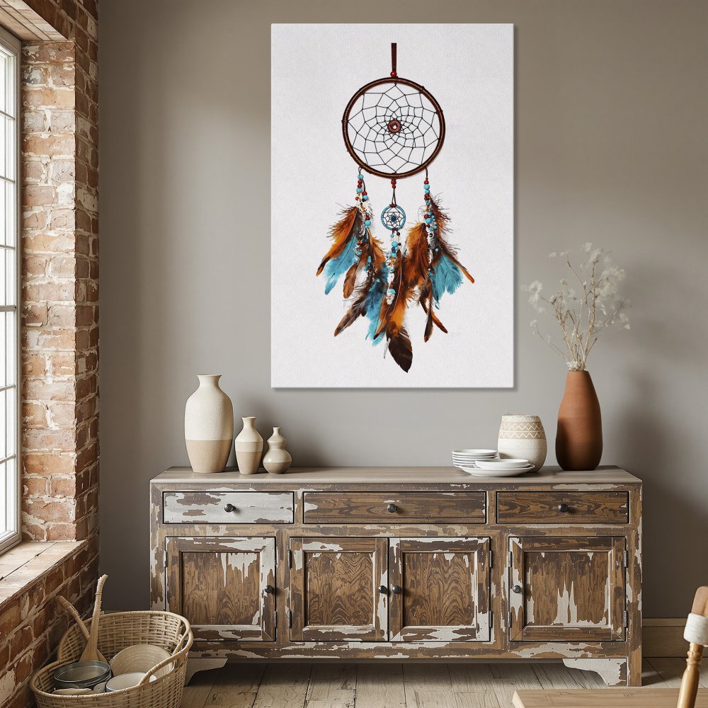 Framed Wall Art featuring a dreamcatcher with teal, brown, and orange feathers. Boho style canvas print perfect for dining room decor.