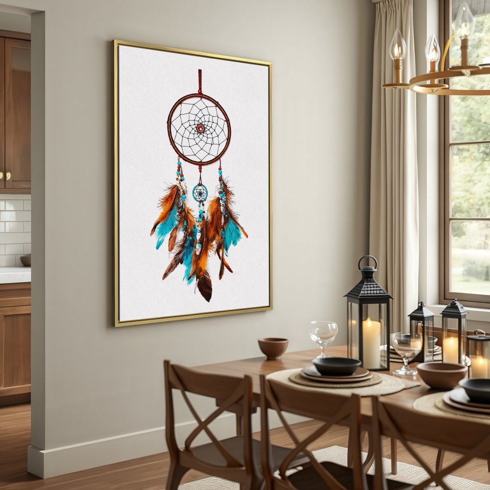 Canvas Print of a dreamcatcher in a boho style, featuring blue and brown feathers. Perfect wall art for a cozy interior.