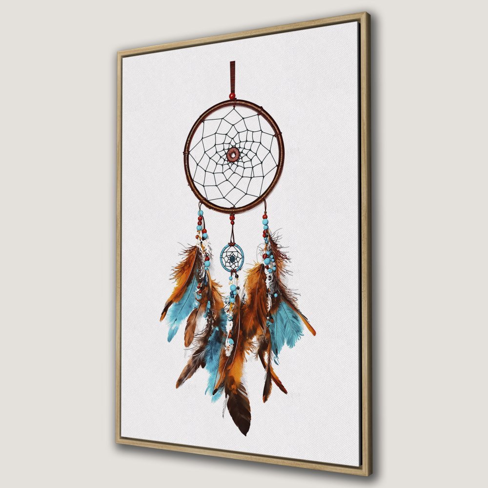 Framed Wall Art: Dreamcatcher Canvas Print with boho style, featuring brown, blue, and orange feathers on a white background. Perfect for your home decor!