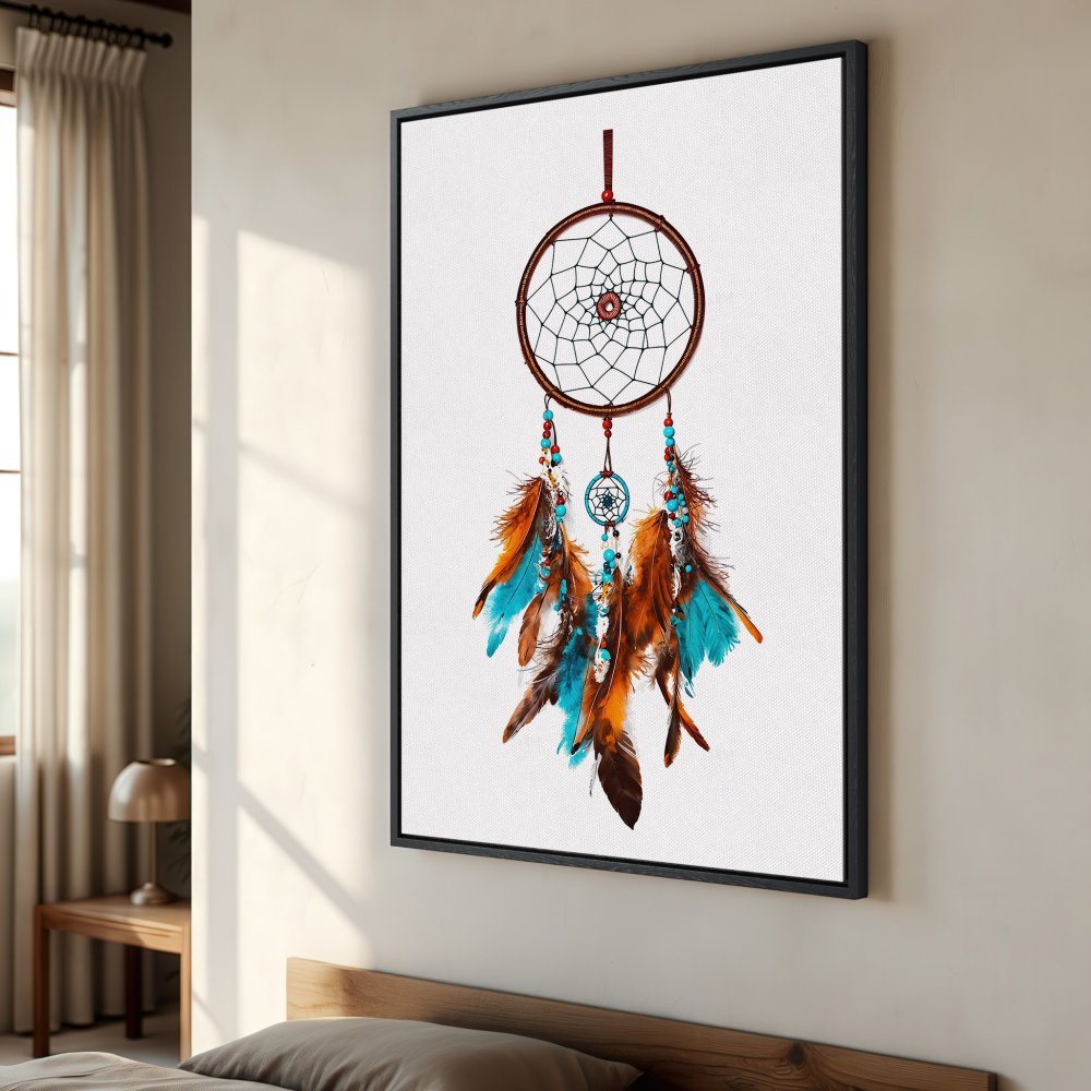 Framed Wall Art: Dreamcatcher print with turquoise & brown feathers. Boho style art for bedroom decor. Add a touch of serenity to your space.
