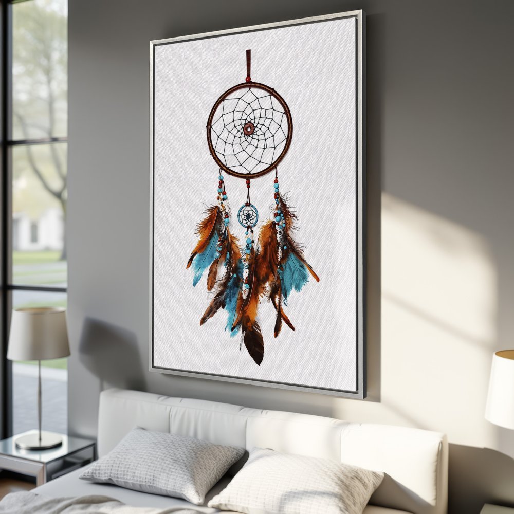 Framed Wall Art: Dreamcatcher canvas print with blue and brown feathers. Boho style art for your bedroom.