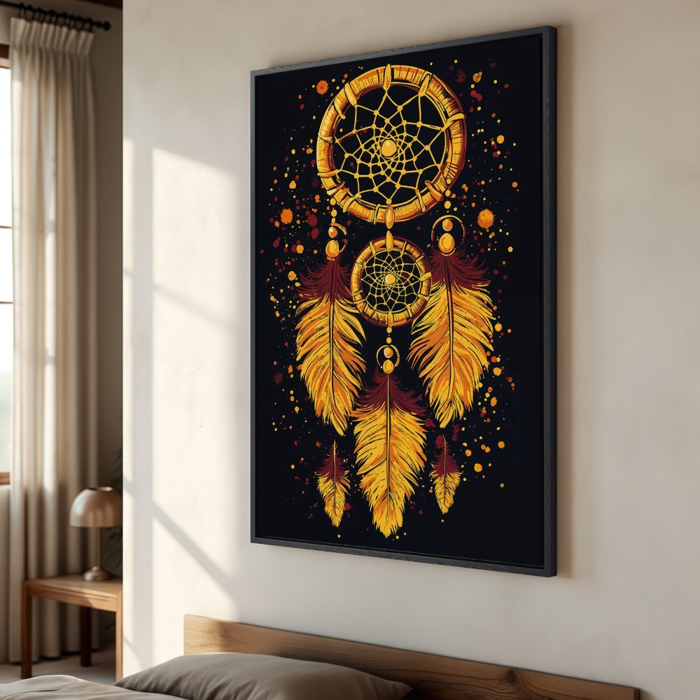 Framed Wall Art: Dreamcatcher Canvas Print in warm gold and burgundy tones. Boho style wall decor for bedroom or living room.