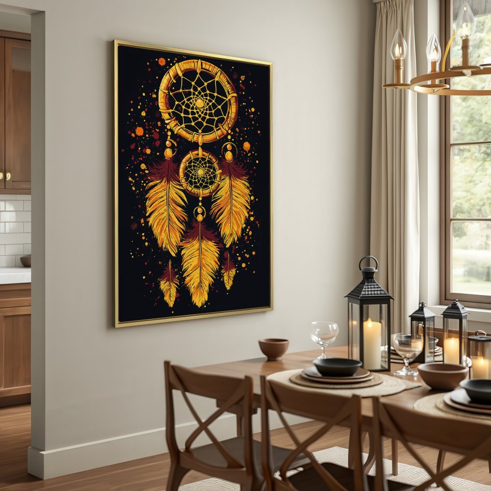 Canvas Print of a dreamcatcher in warm gold and orange tones, perfect for boho decor. Adds a touch of art to any room.