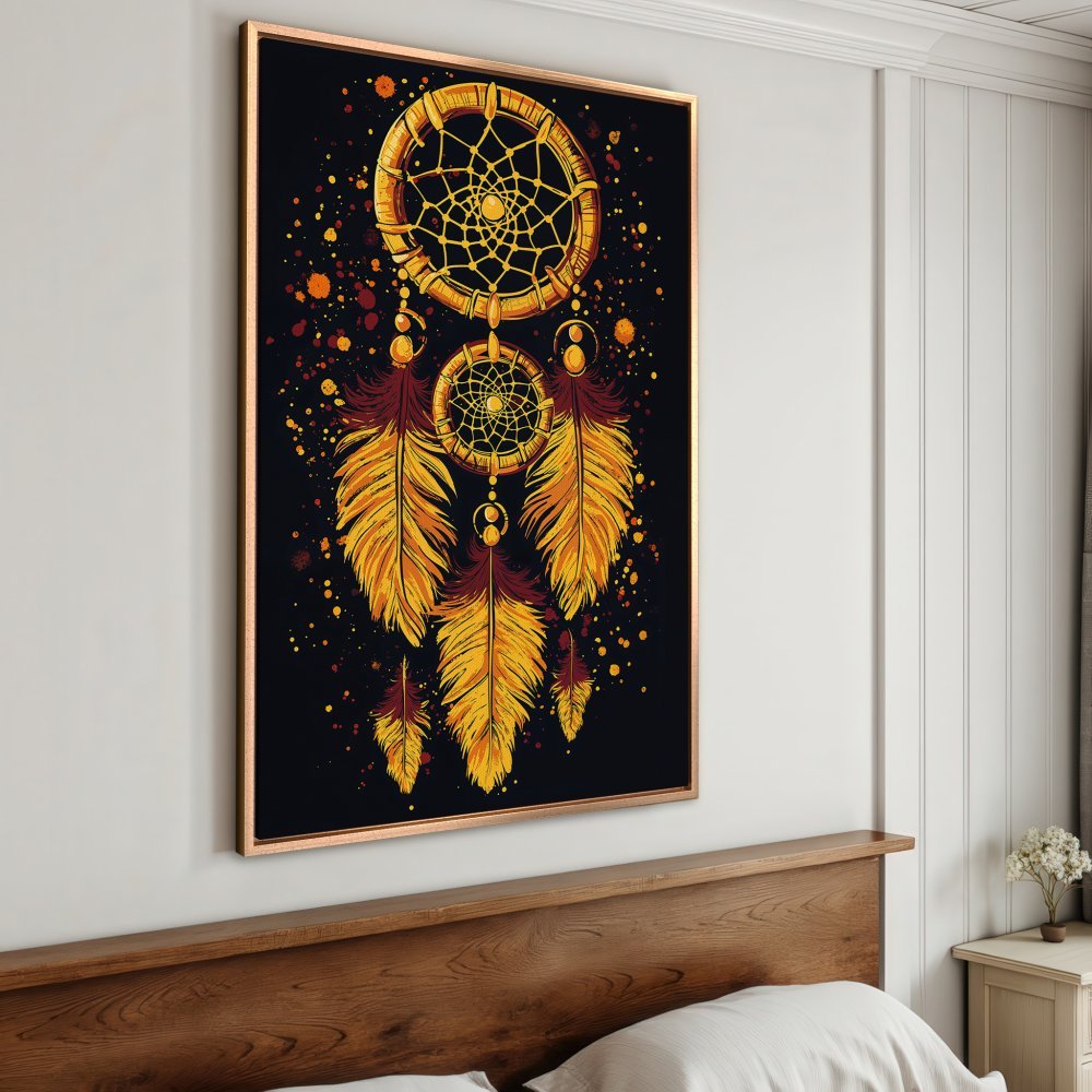 Framed Wall Art: Dreamcatcher print in warm gold and orange tones. Boho style canvas art perfect for bedroom decor.