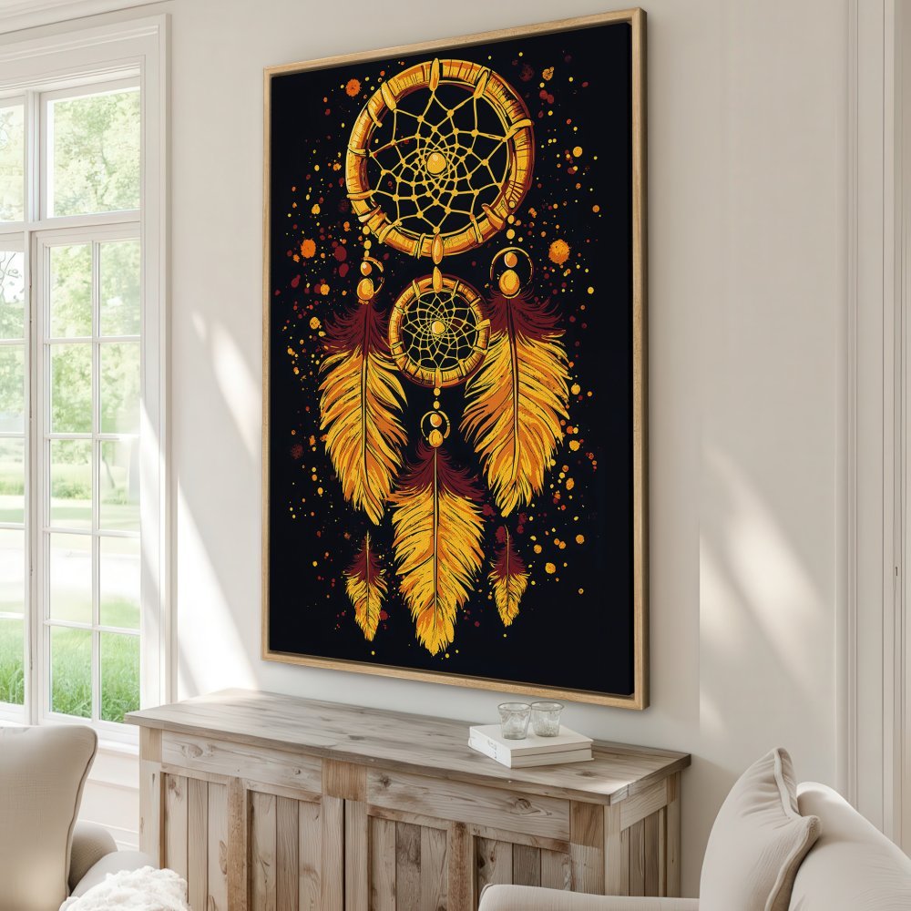Framed Wall Art: Dreamcatcher canvas print in warm yellow and orange tones, perfect for boho home decor.