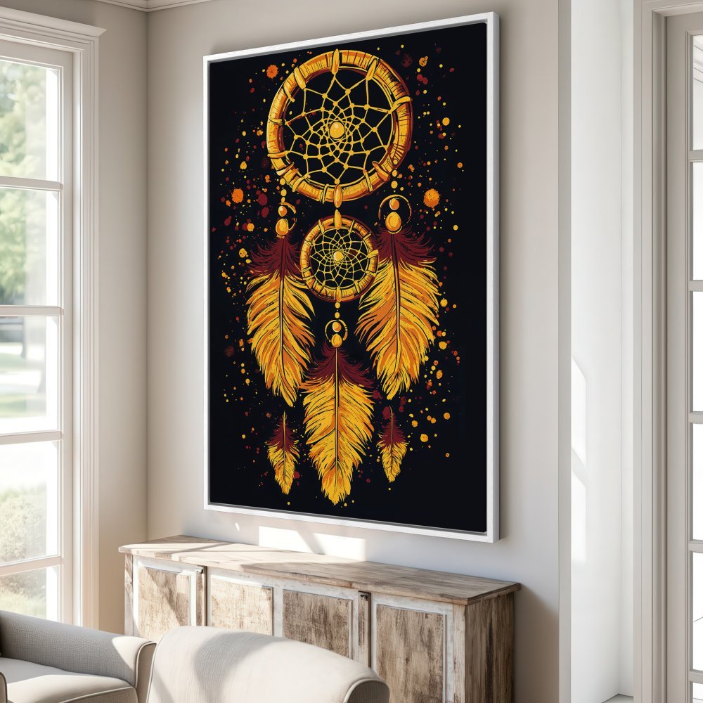 Framed Wall Art: Dreamcatcher design in warm gold and orange hues against a black background. Perfect for adding bohemian style to your home.