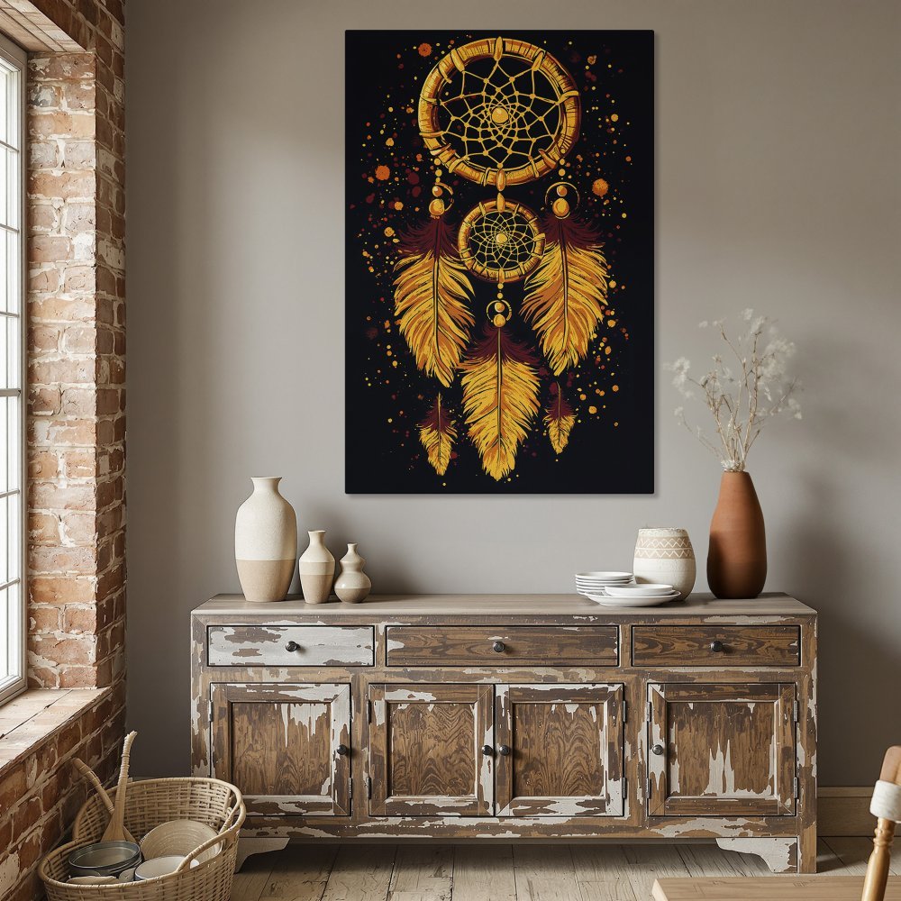 Framed Wall Art: Dreamcatcher design in warm gold and orange hues. Perfect for a modern boho interior. Shop our Canvas Print collection!