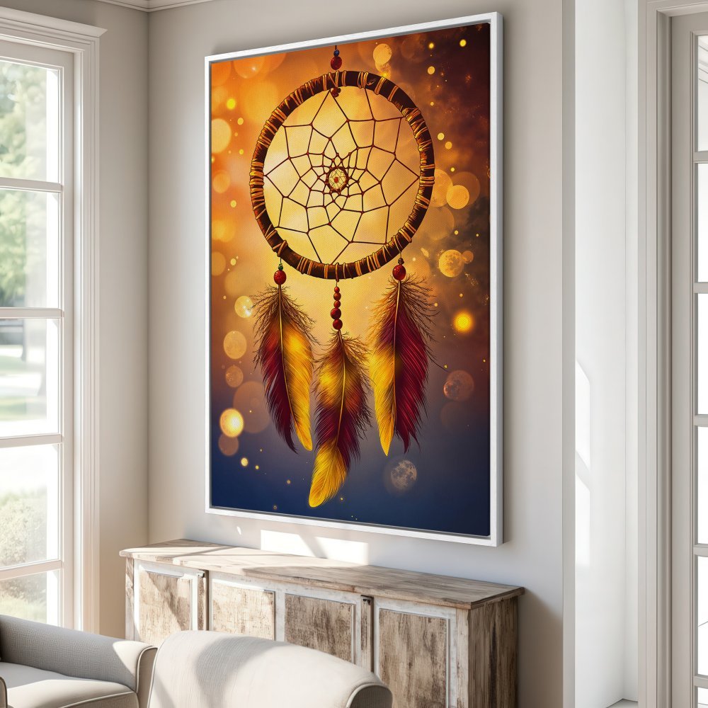 Framed Wall Art featuring a dreamcatcher with warm, earthy tones. Boho style Canvas Print adds a touch of serenity to any space.