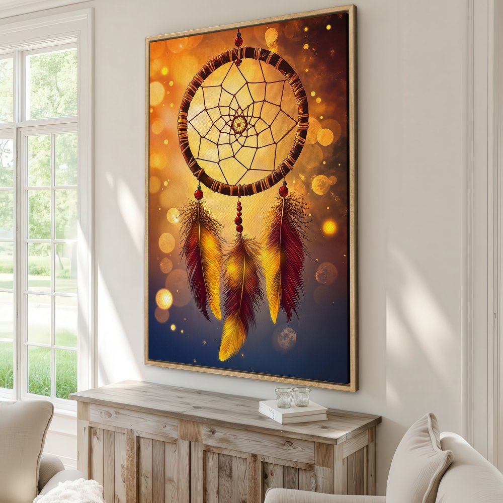 Framed Wall Art: Dreamcatcher print with warm yellow, orange & burgundy tones. Boho style canvas art for living room decor.