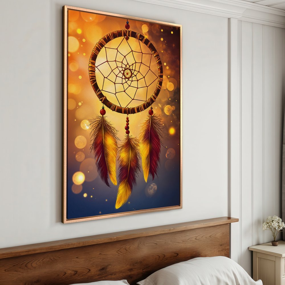 Framed Wall Art: Dreamcatcher Canvas Print in warm gold and burgundy tones. Bohemian style art for bedroom decor.